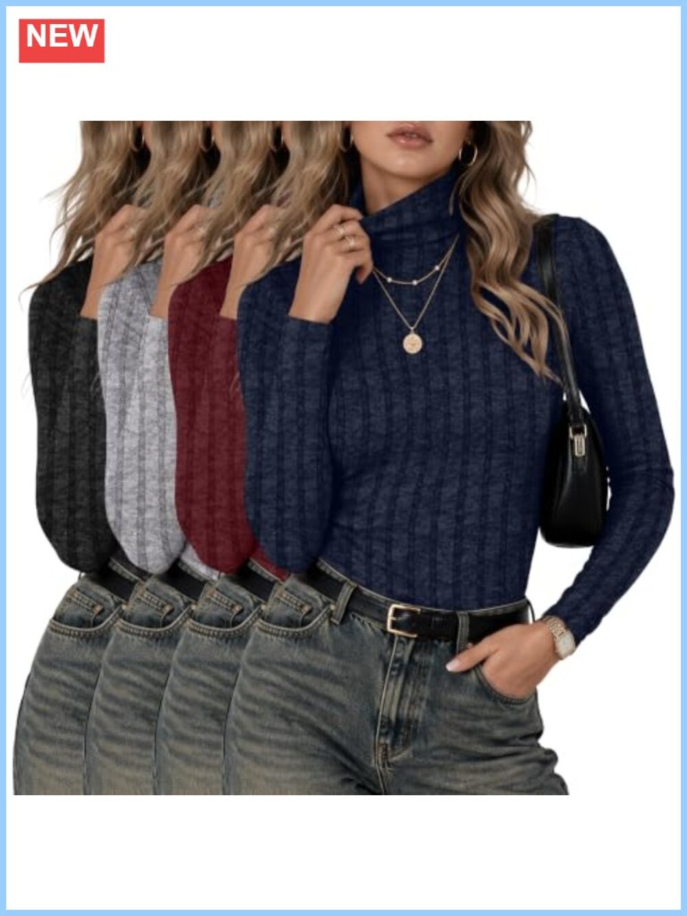 Women's Ribbed Turtleneck Long Sleeve Pullover Sweater 4 Pack Slim Fit Knit Tops